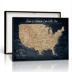 Custom Push Pin US Map Canvas | Personalized Travel Tracker | USA Cities Map Anniversary Gift for Couples | Adventure America Map Wall Art with Pins