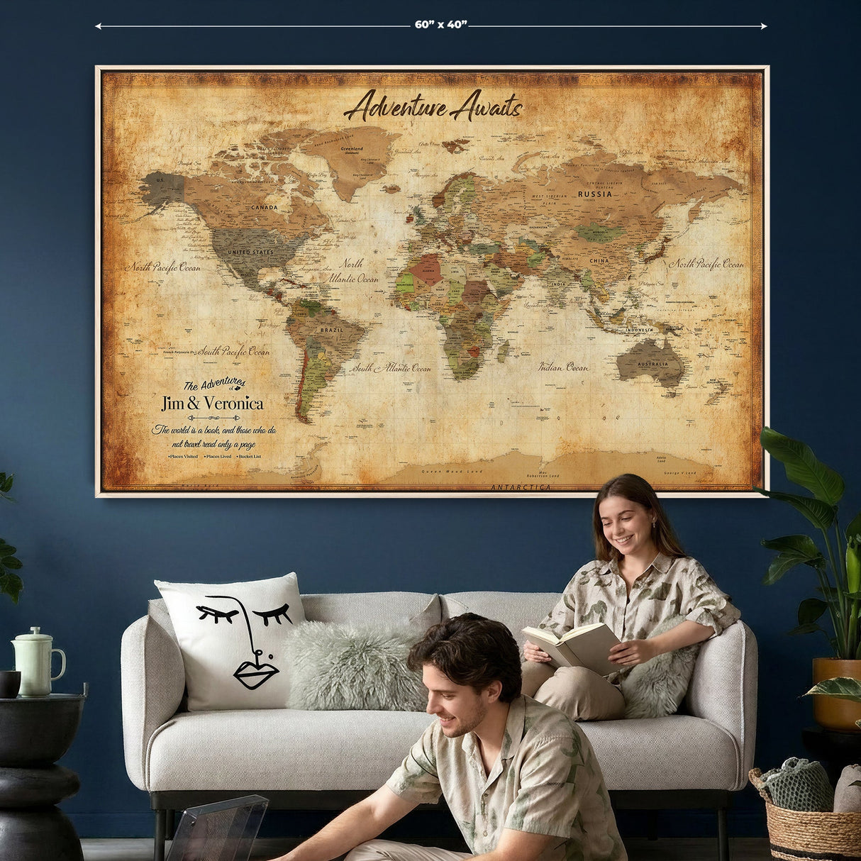 Custom Push Pin World Map Canvas | Personalized Travel Tracker | Wedding Anniversary Gift for Couples | Adventure Map Wall Art with Pins