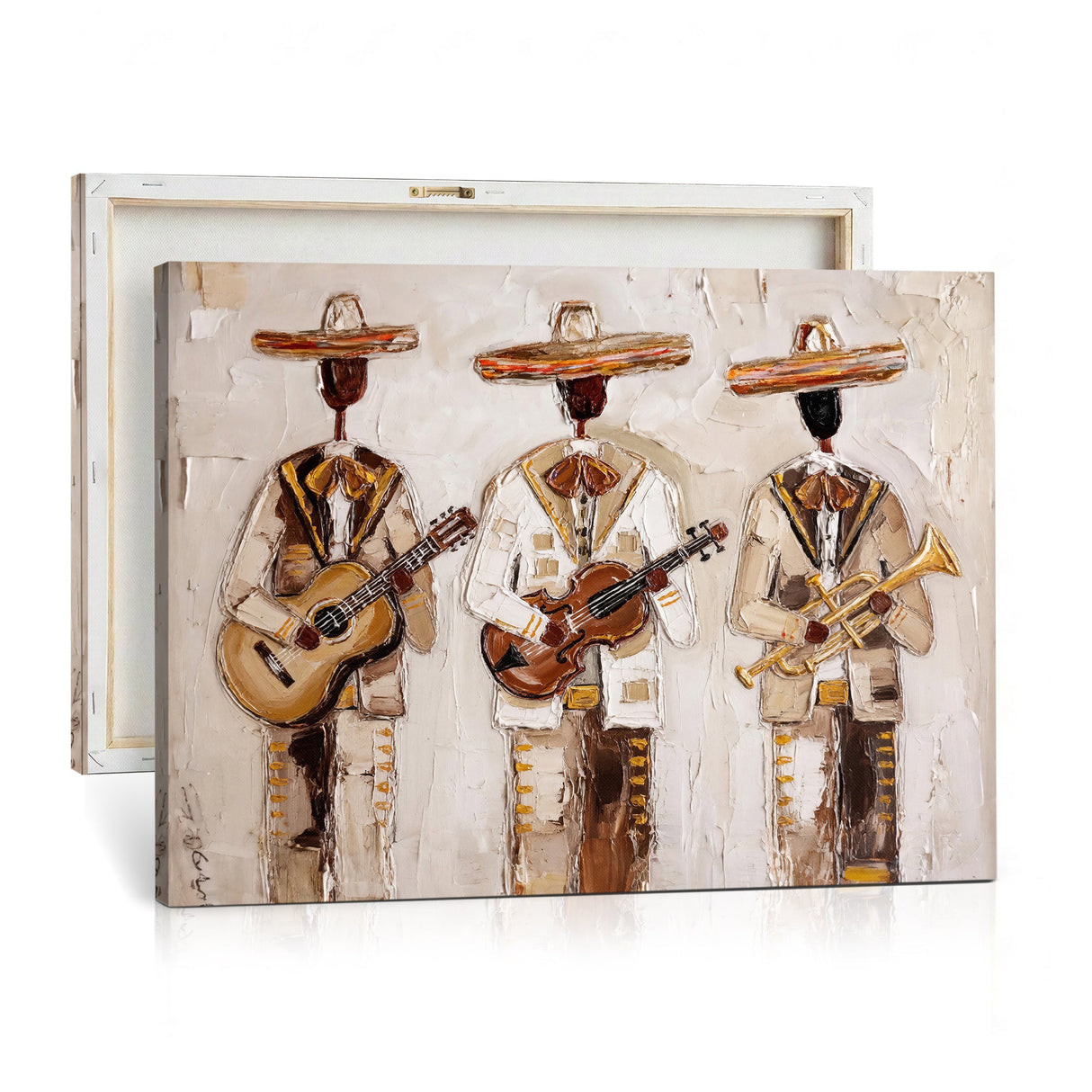 Mariachi Band Canvas Wall Art, Mexican Music Guitar Violin Trumpet Painting, Neutral Impasto Folk Art, Southwestern Boho Living Room Decor