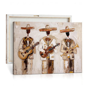 Mariachi Band Canvas Wall Art, Mexican Music Guitar Violin Trumpet Painting, Neutral Impasto Folk Art, Southwestern Boho Living Room Decor