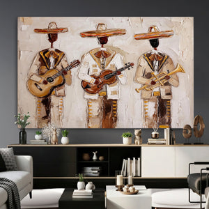 Mariachi Band Canvas Wall Art, Mexican Music Guitar Violin Trumpet Painting, Neutral Impasto Folk Art, Southwestern Boho Living Room Decor