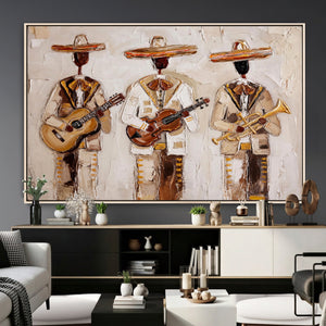 Mariachi Band Canvas Wall Art, Mexican Music Guitar Violin Trumpet Painting, Neutral Impasto Folk Art, Southwestern Boho Living Room Decor