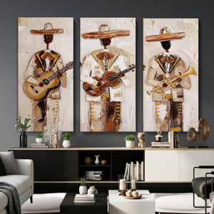 Mariachi Band Canvas Wall Art, Mexican Music Guitar Violin Trumpet Painting, Neutral Impasto Folk Art, Southwestern Boho Living Room Decor