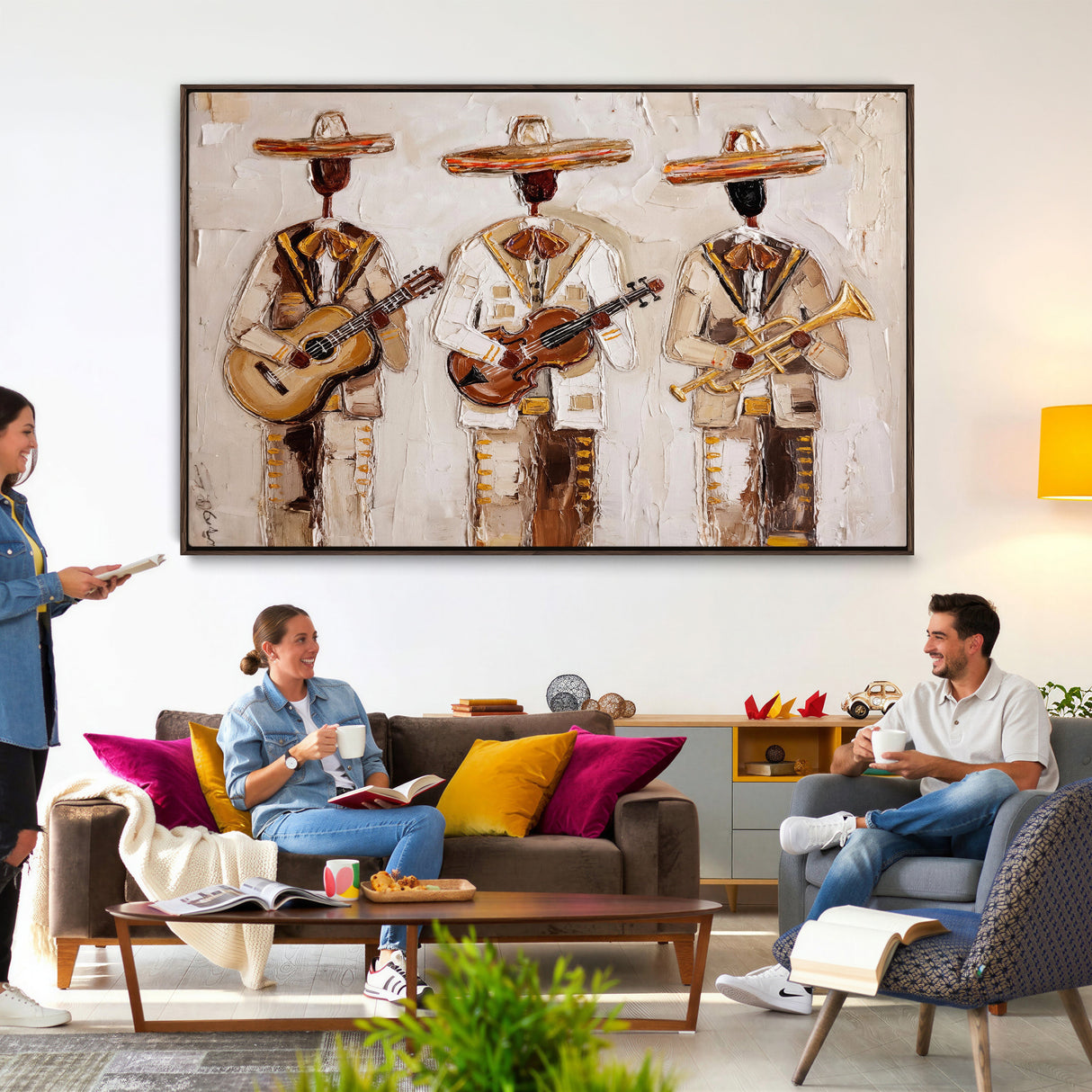 Mariachi Band Canvas Wall Art, Mexican Music Guitar Violin Trumpet Painting, Neutral Impasto Folk Art, Southwestern Boho Living Room Decor