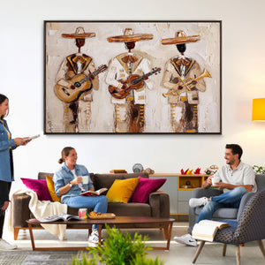 Mariachi Band Canvas Wall Art, Mexican Music Guitar Violin Trumpet Painting, Neutral Impasto Folk Art, Southwestern Boho Living Room Decor