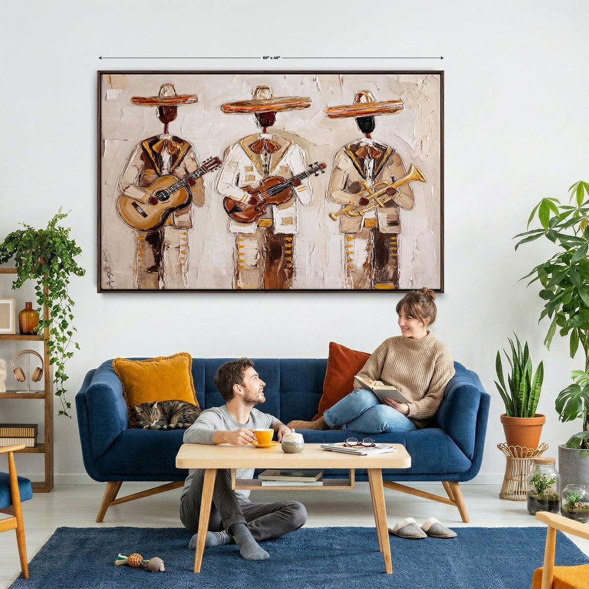 Mariachi Band Canvas Wall Art, Mexican Music Guitar Violin Trumpet Painting, Neutral Impasto Folk Art, Southwestern Boho Living Room Decor