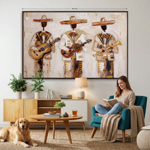 Mariachi Band Canvas Wall Art, Mexican Music Guitar Violin Trumpet Painting, Neutral Impasto Folk Art, Southwestern Boho Living Room Decor