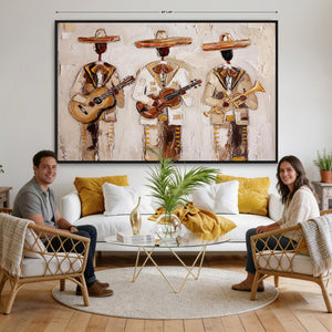 Mariachi Band Canvas Wall Art, Mexican Music Guitar Violin Trumpet Painting, Neutral Impasto Folk Art, Southwestern Boho Living Room Decor
