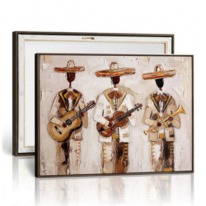 Mariachi Band Canvas Wall Art, Mexican Music Guitar Violin Trumpet Painting, Neutral Impasto Folk Art, Southwestern Boho Living Room Decor