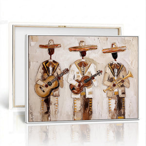 Mariachi Band Canvas Wall Art, Mexican Music Guitar Violin Trumpet Painting, Neutral Impasto Folk Art, Southwestern Boho Living Room Decor