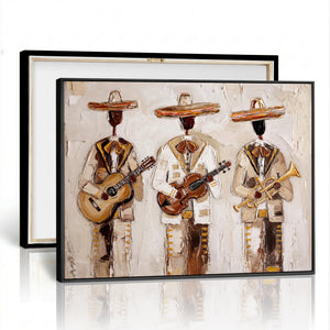 Mariachi Band Canvas Wall Art, Mexican Music Guitar Violin Trumpet Painting, Neutral Impasto Folk Art, Southwestern Boho Living Room Decor