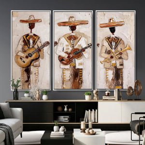 Mariachi Band Canvas Wall Art, Mexican Music Guitar Violin Trumpet Painting, Neutral Impasto Folk Art, Southwestern Boho Living Room Decor