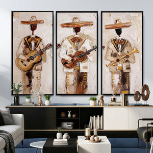 Mariachi Band Canvas Wall Art, Mexican Music Guitar Violin Trumpet Painting, Neutral Impasto Folk Art, Southwestern Boho Living Room Decor