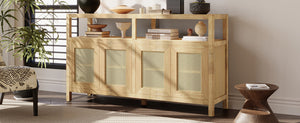 Bohemian Style Rattan Buffet Storage Cabinet with Solid Wood Frame