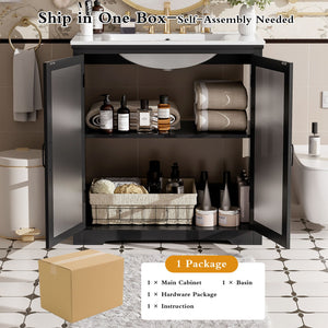 Modern Bathroom Vanity With Ceramic Sink, Tempered Blurred Glass Doors