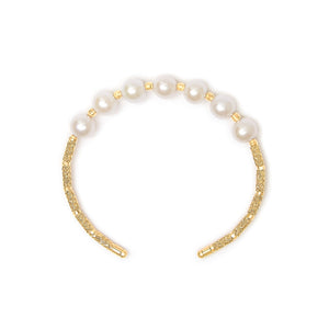 18K Yellow Gold Freshwater Pearl Cuff Bangle Bracelet