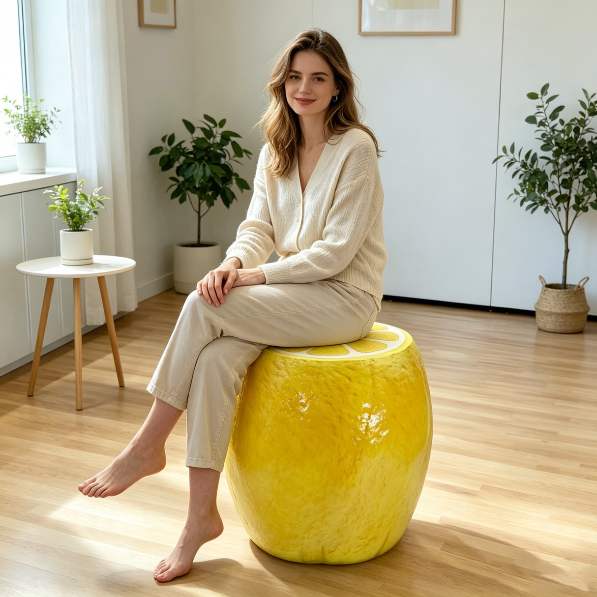 Yellow Lemon Fruit Stool, 14" Oversized Resin Stool
