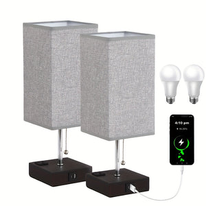 Touch Table Lamp with USB & Outlet – Modern Fabric Shade Bedside Light for Bedroom