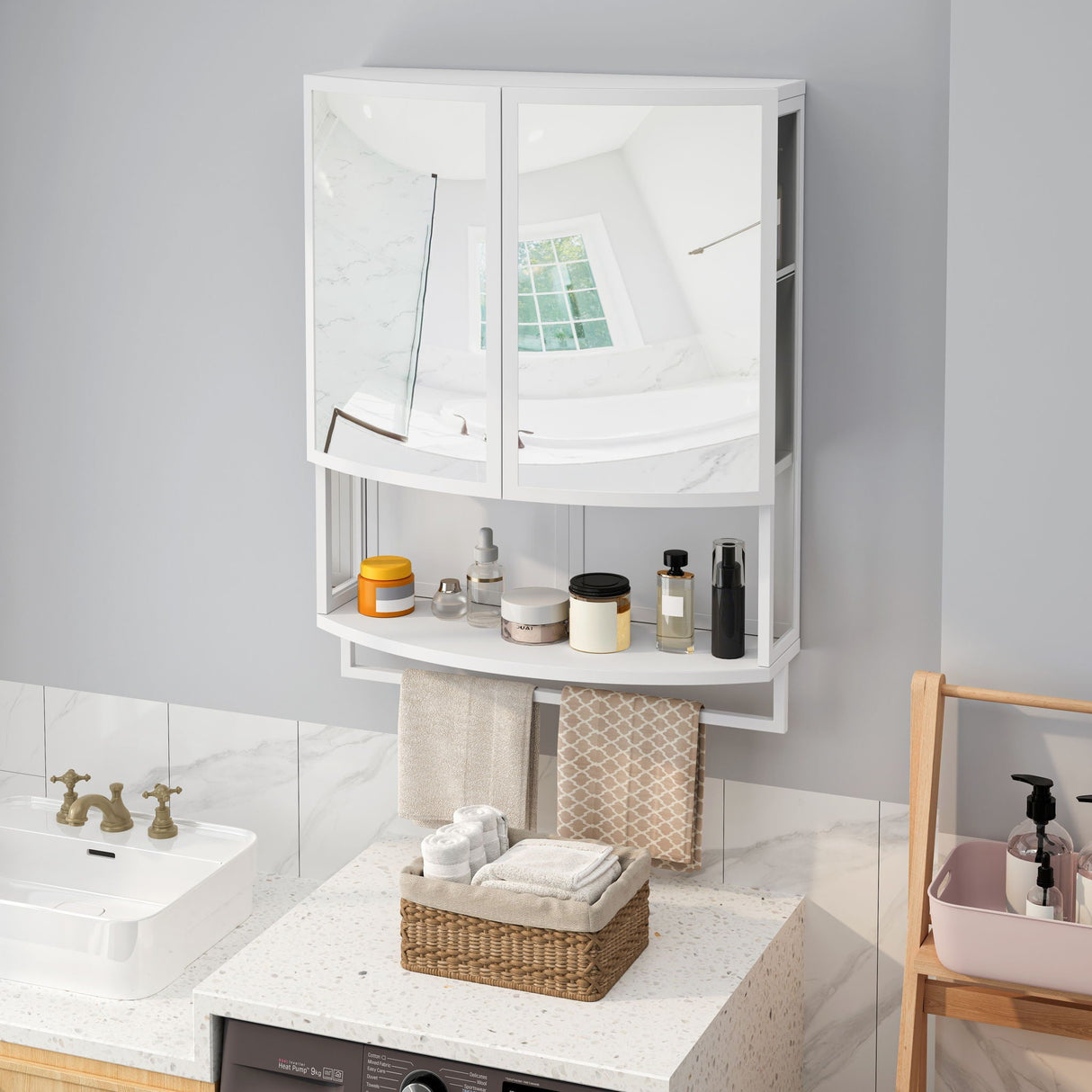 Arched Glass Double Door Wardrobe With Shatterproof Mirror, Open Shelf & Towel Rack