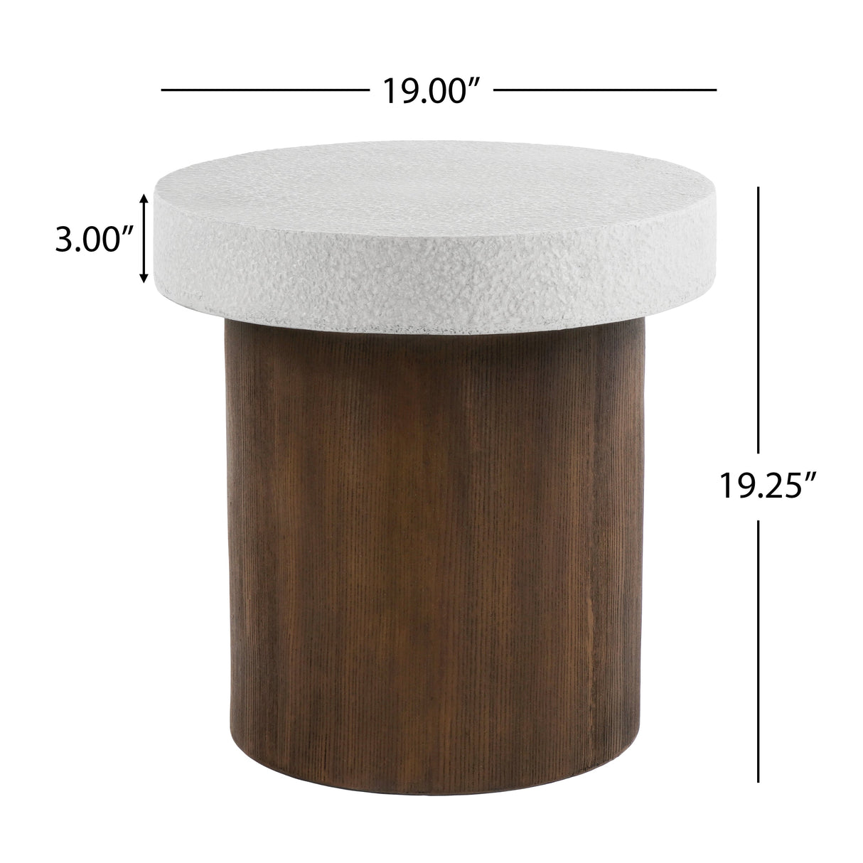 Cylindrical Side Table with Antique White Faux Stone Top and Natural Wood Base