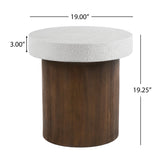 Cylindrical Side Table with Antique White Faux Stone Top and Natural Wood Base