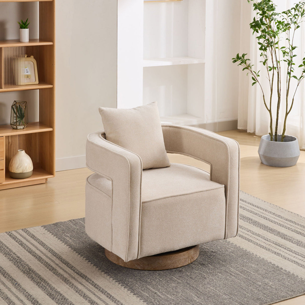 Swivel Accent Open Back Barrel Chair With Weathered Base