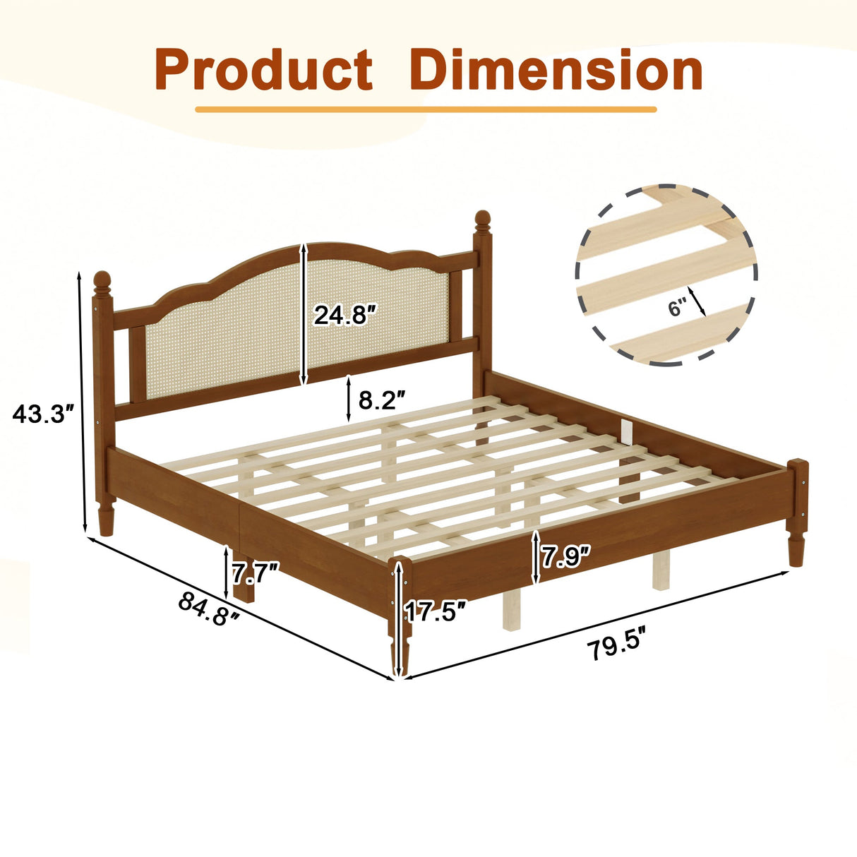 King Size Wooden Platform Bed with Rattan Headboard