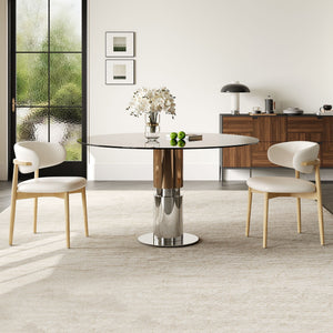 Round Glass Dining Table With Stainless Steel Legs And Chairs
