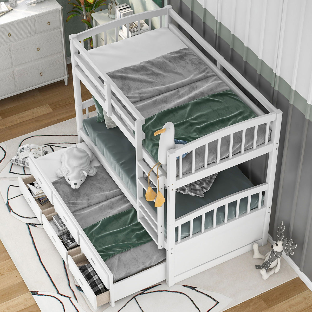 Bunk Bed With Trundle And Drawers, Arched Headboard And Footboard