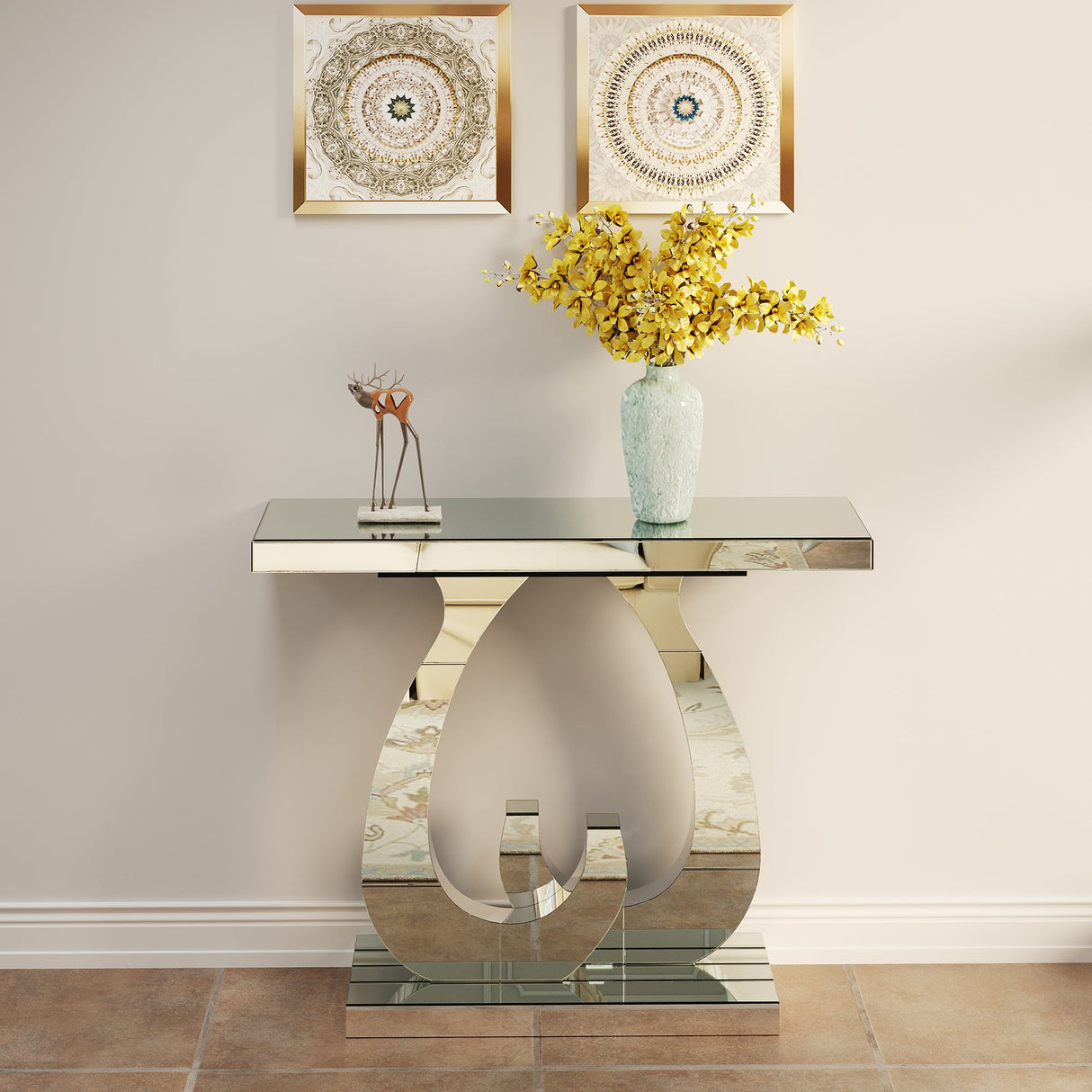 Modern Mirror Side Table with Double C-Shape Base