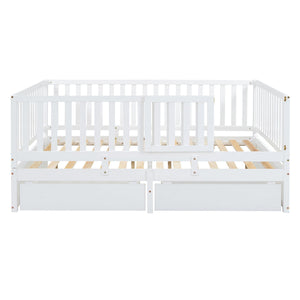 Daybed With Fence Guardrails And 2 Drawers, Split Into Independent Floor Bed & Daybed
