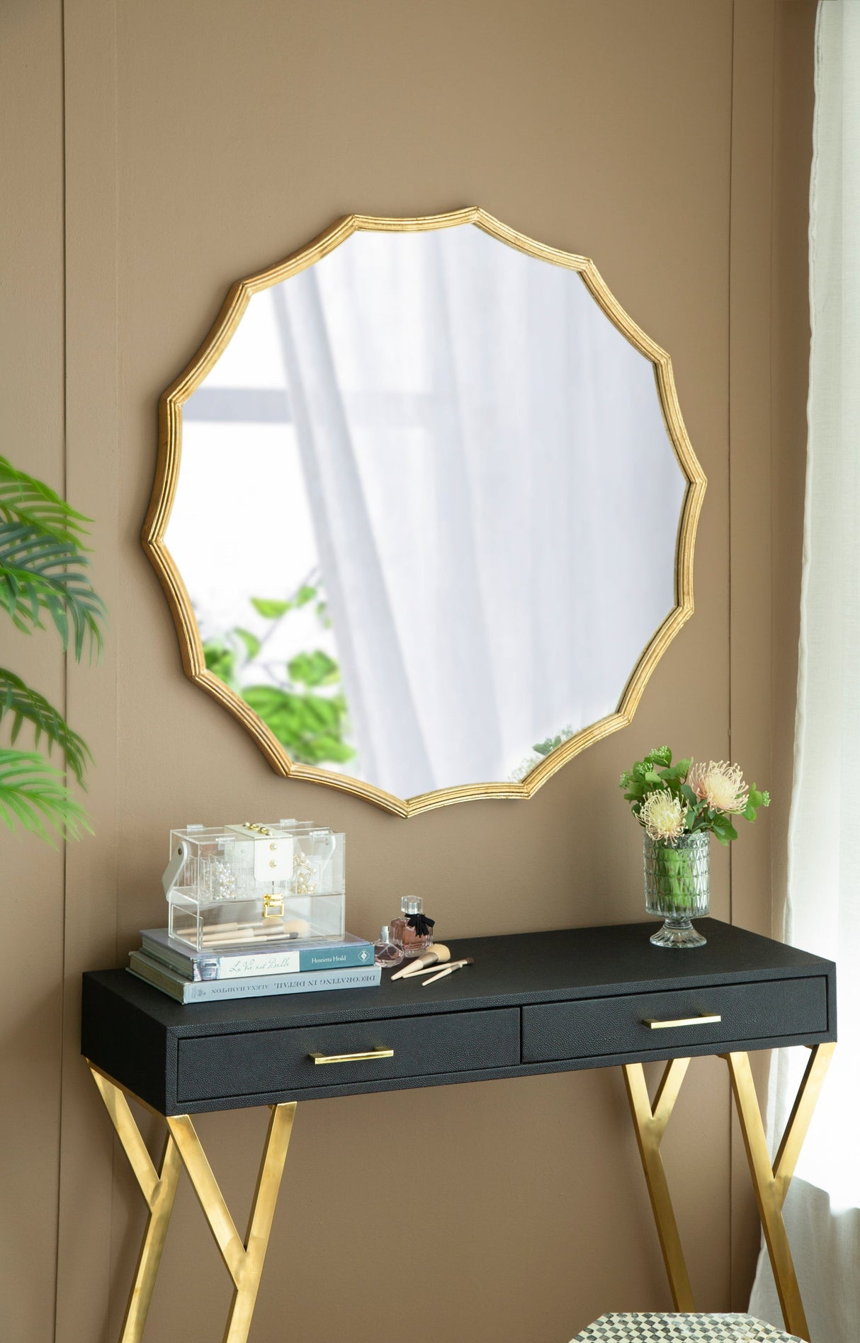 D40' Round Sunburst Wall Mirror with Gold Finish, Wall Decor Mirror for Entryway Bedroom Living Room