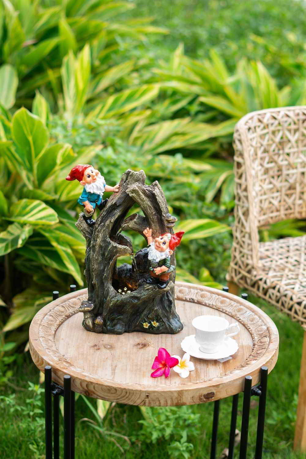 Decorative Woodland Gnome Water Fountain with LED Light - Brown