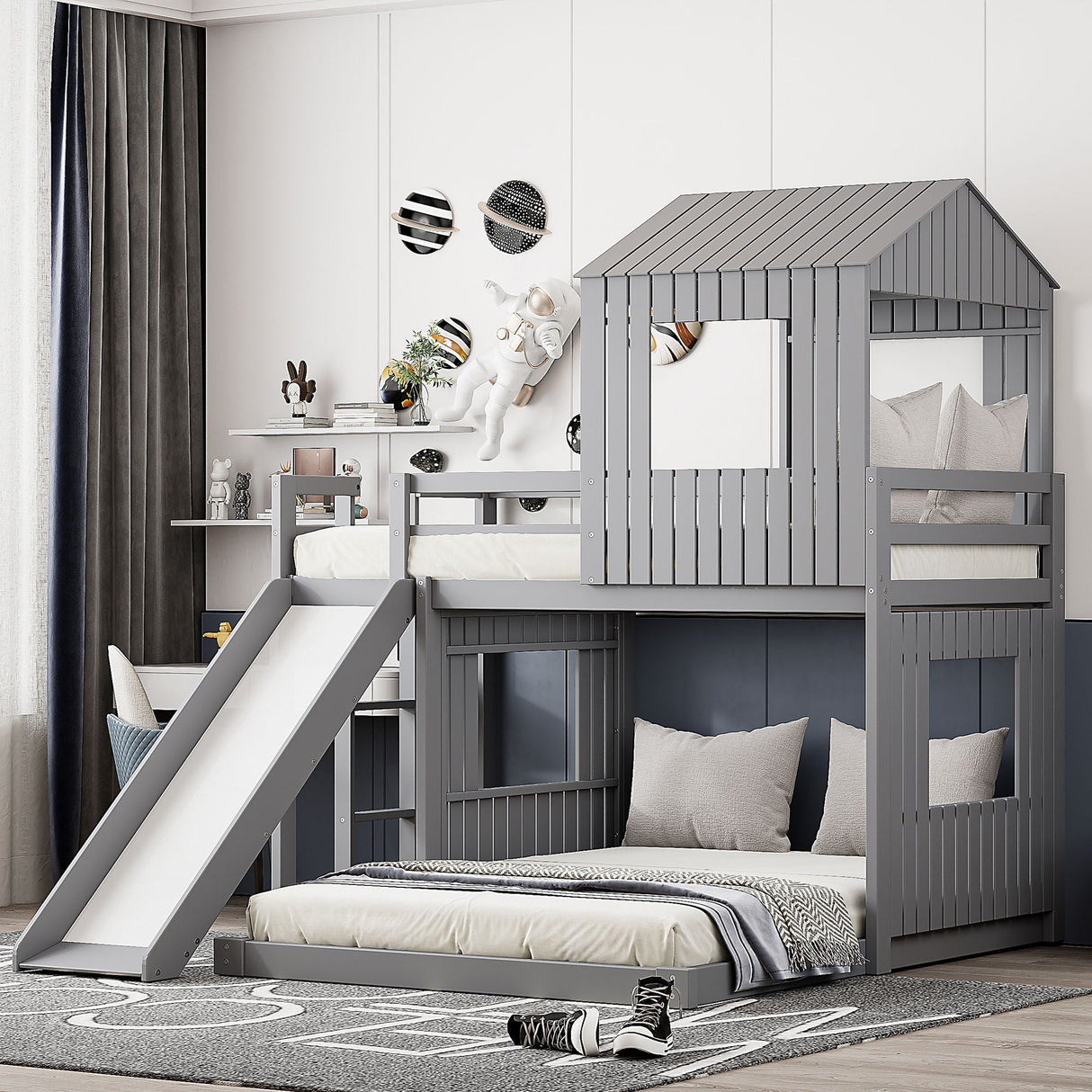 Loft Bunk Bed With Playhouse, Farmhouse Style, Ladder, Slide And Guardrails