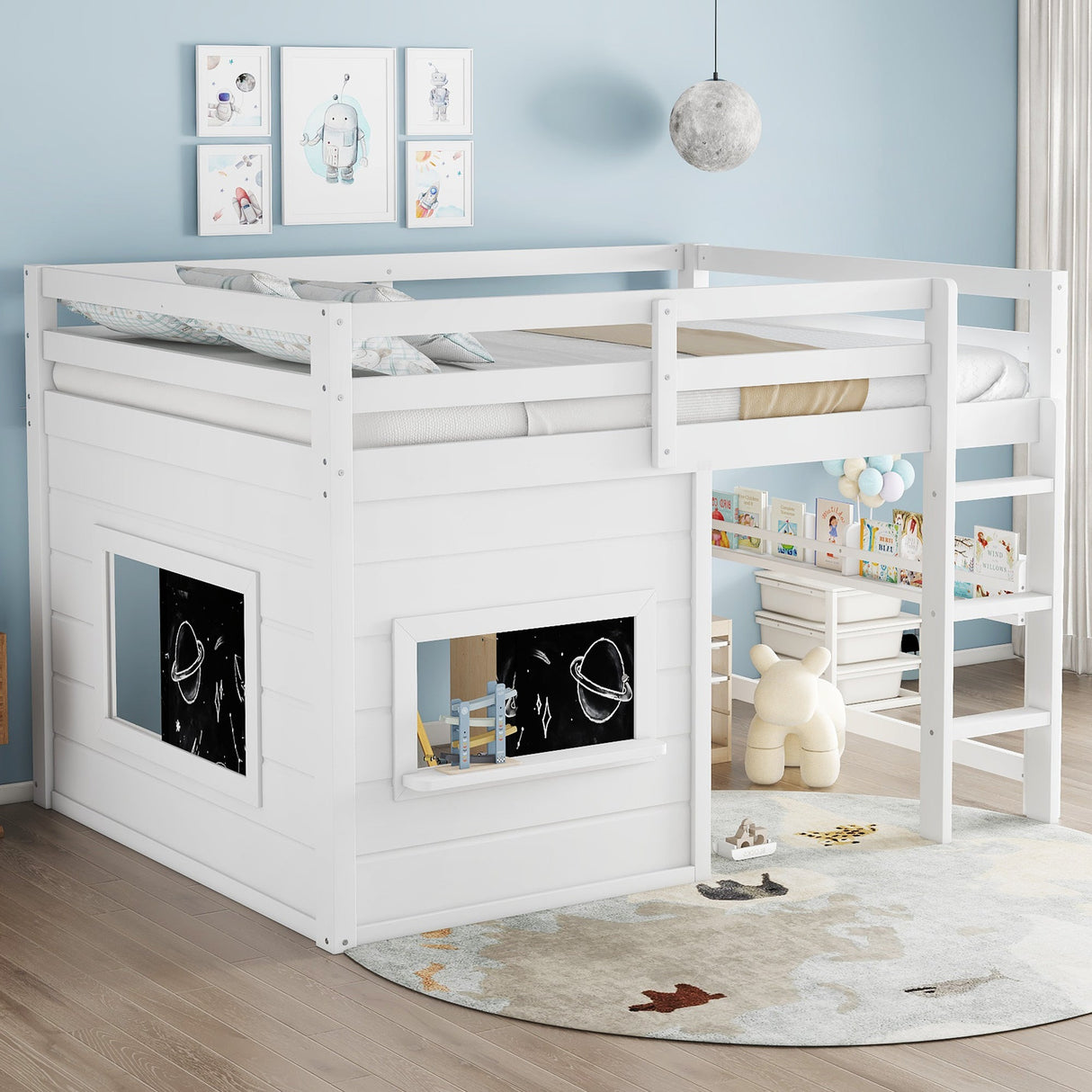 Full Size Loft Bed With Sliding Chalkboard & Bookshelf