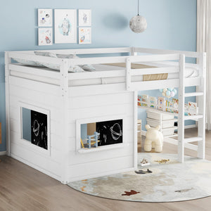 Full Size Loft Bed With Sliding Chalkboard & Bookshelf