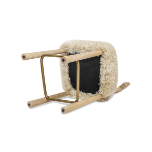 Genuine Fur Counter Height Bar Stool with Brass Footrest - Light Wood