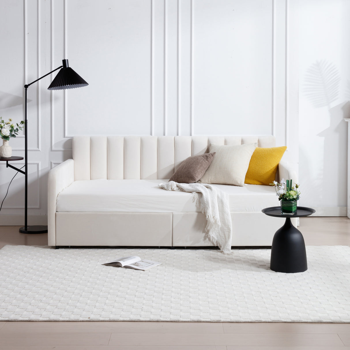 Flora upholstered daybed with 2 drawers, twin, ivory velvet, ribbed tufted backrest, daybed in lavish modern design