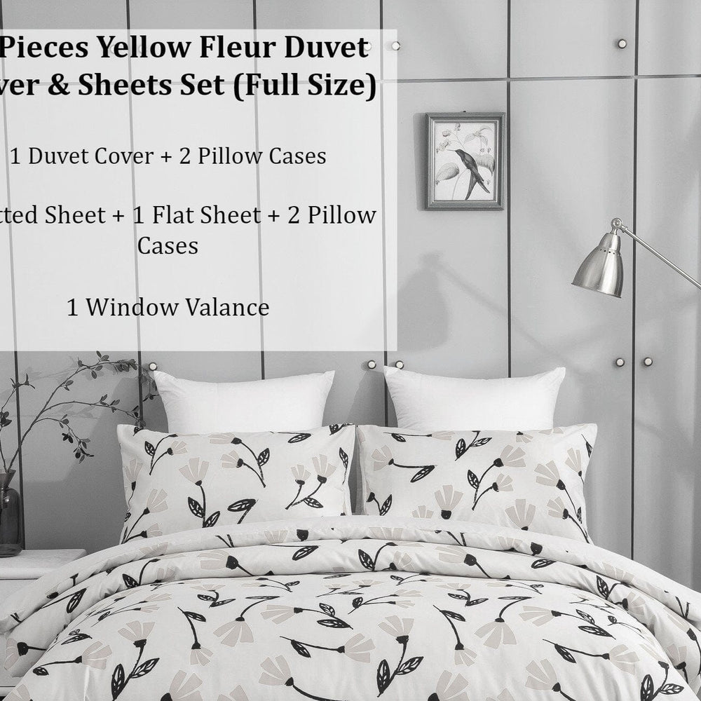 DaDa Bedding Yellow Fleur Golden Orange Botanical Ivory Duvet Cover & Fitted Flat Bed Sheets Set w/ Pillow Cases Window Valances (18112)