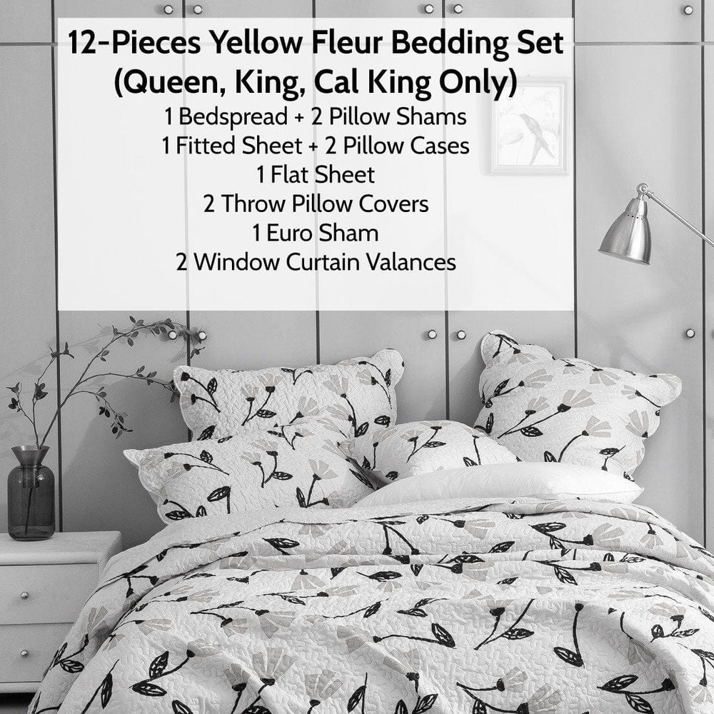 DaDa Bed in a Bag Bundle Set - Yellow Fleur Botanical Ivory Tan Floral Bedding Set (18112)