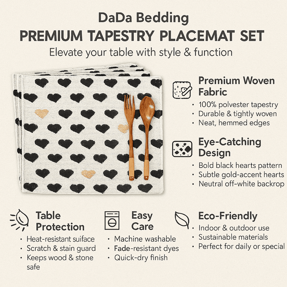 DaDa Bedding Set of 4-Pieces Valentine's day Yellow & Black Hearts Tapestry Dining Table Placemats 13” x 19” (18113)