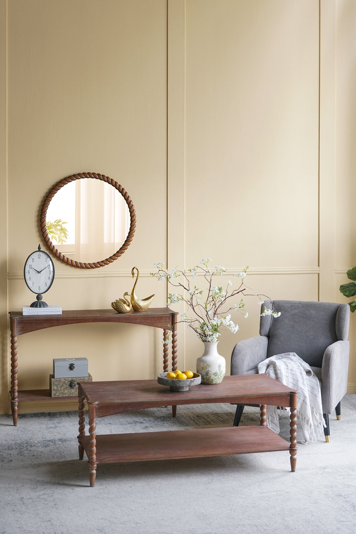 Rustic Brown Wood Coffee Table with Turned Spiral Legs and Lower Shelf