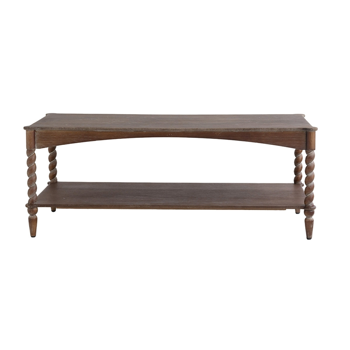 Rustic Brown Wood Coffee Table with Turned Spiral Legs and Lower Shelf