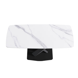 70.87" Modern Artificial Stone White Curved Black Metal Leg Dining Table, Can Accommodate 6-8 People - White / Black