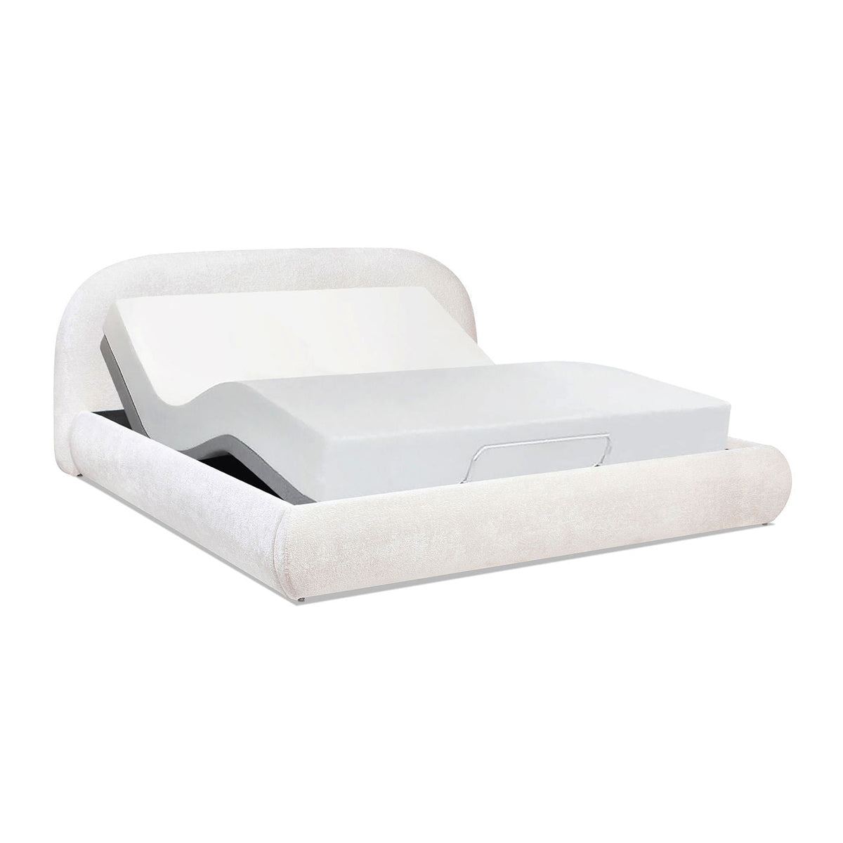 Archie Puffy Grounded Upholstered Platform Bed with Rounded Headboard - Green, White, Beige