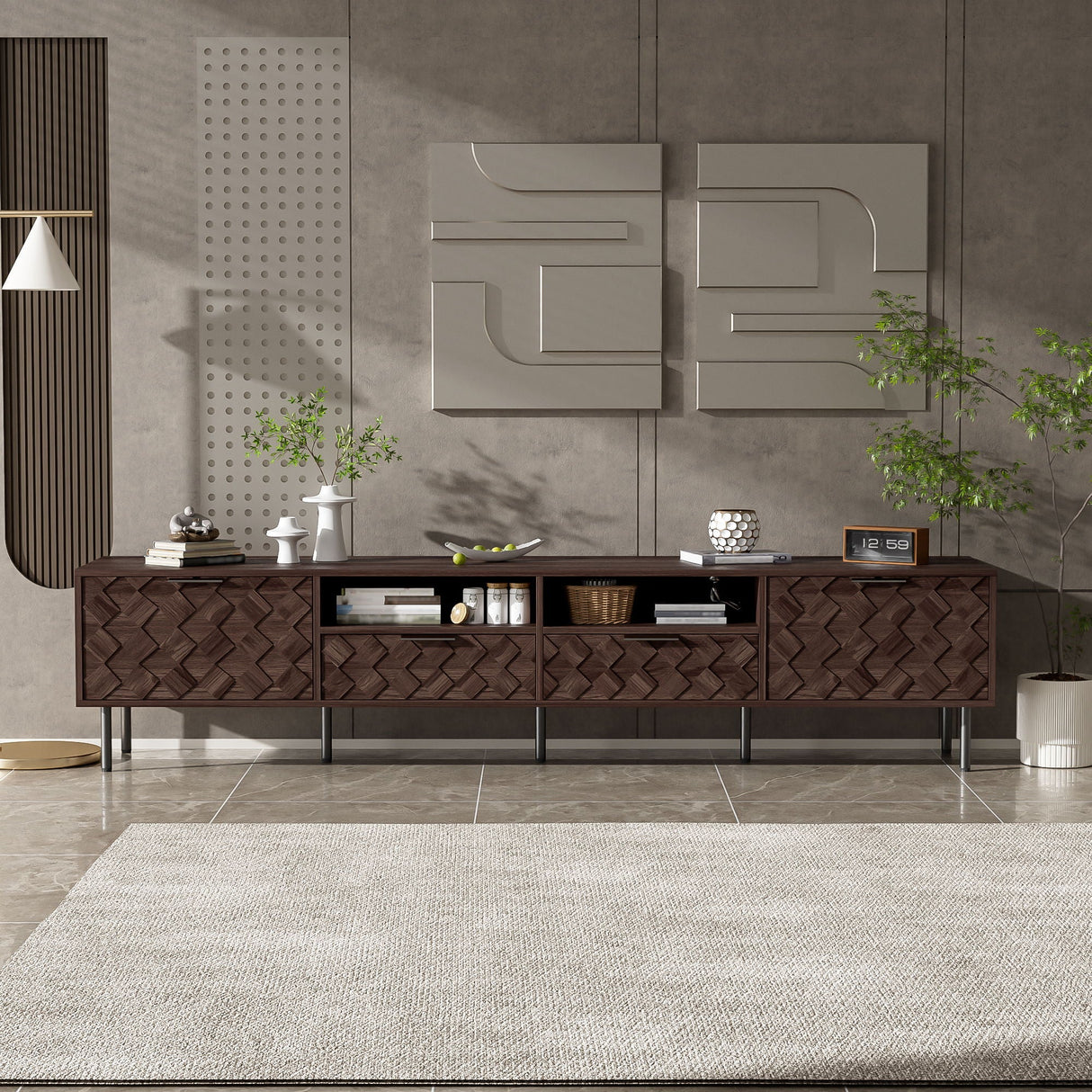 TV Stand For TVs Up To 85" With Closed Storage, Soft Closing Hinges, Living Room Entertainment Center - Walnut
