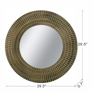 Round Gold and Black Wooden Accent Mirror with Woven Texture - 29.5"