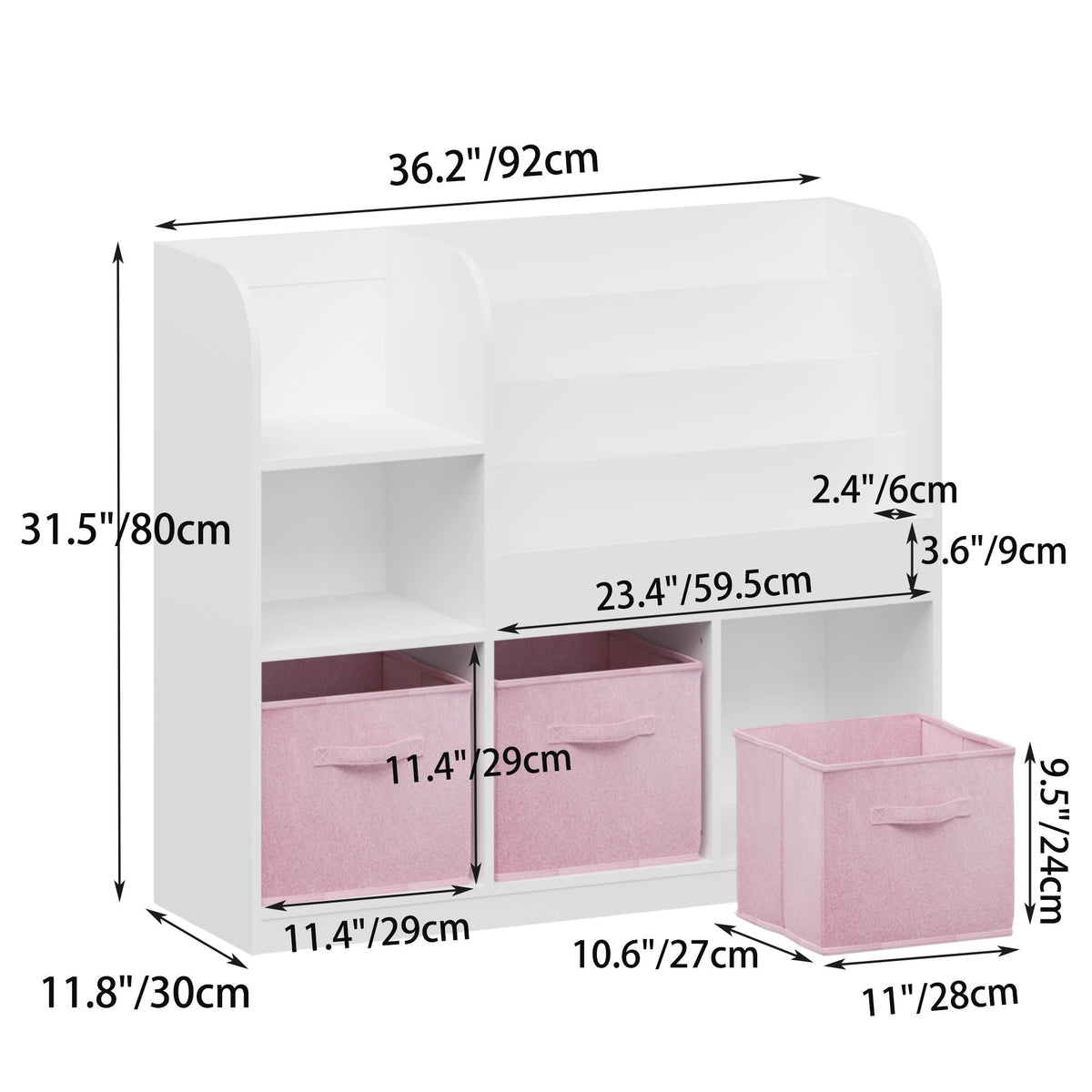 Bookcase and Bookshelf with 3 Collapsible Drawers - Pink or Dark Gray