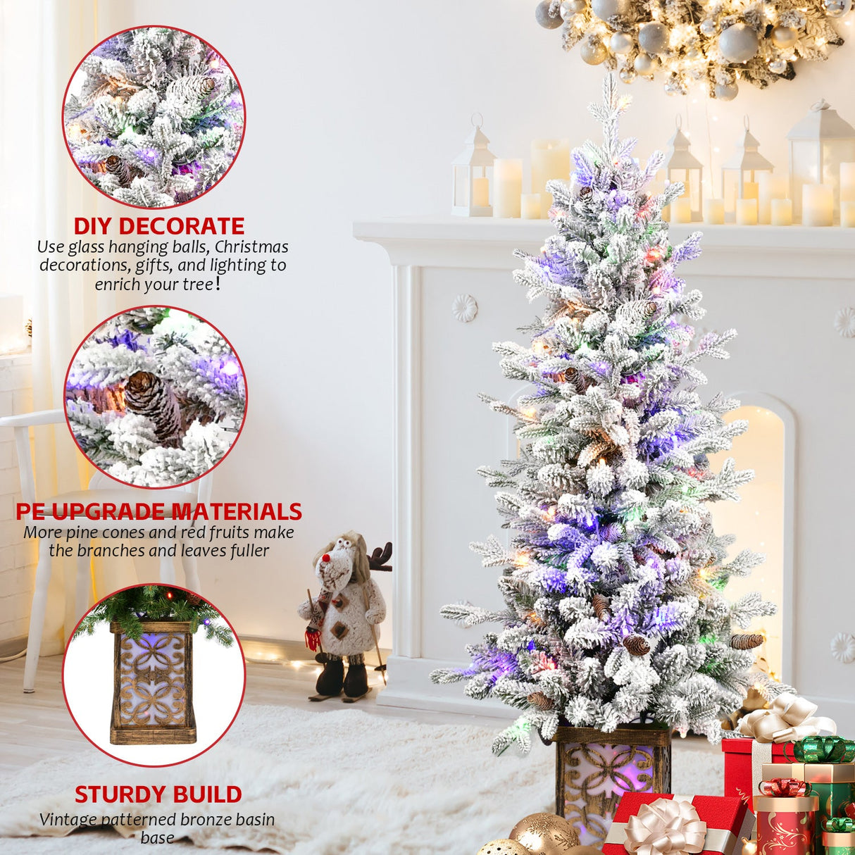 4FT Flocked Christmas Tree with Multicolour LED Lights
