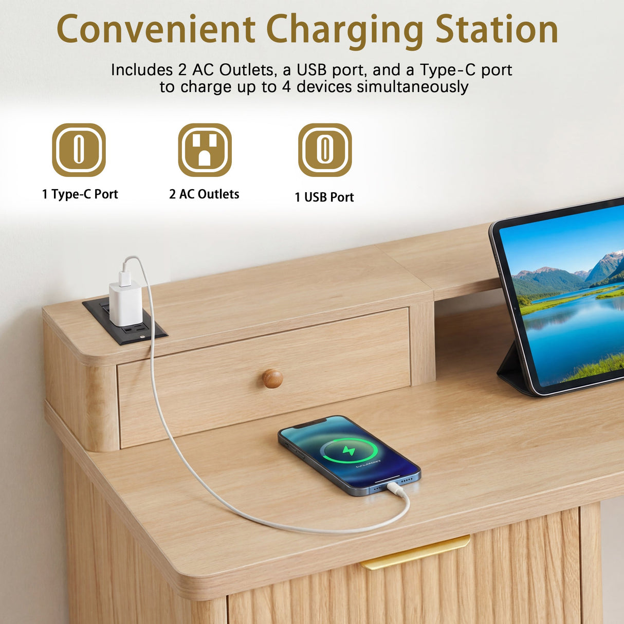 59" Modern Fluted L-Shaped Desk with Charging Station & Storage